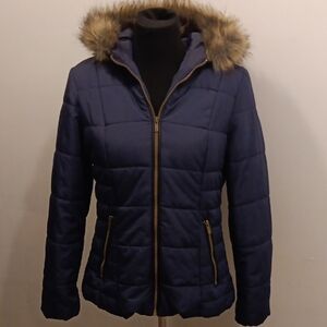 Celebrity Pink Navy Puffer Jacket with Faux Fur Hood